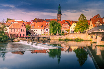 Lauf an der Pegnitz, Bavaria. View of the old town with St. John's Church in front the river Pegnitz - Middle Franconia, Germany.