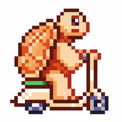 Pixelated tortoise on scooter, whimsical retro video game character in motion