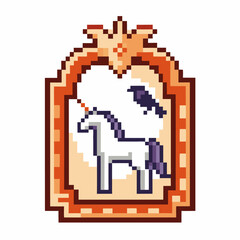 Obraz premium Pixel art unicorn with bird framed in ornate border retro gaming fantasy animal design