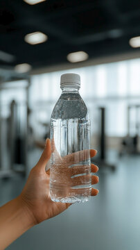 Bottle of water in hand against the background of a gym. Sports lifestyle.	
