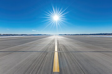 A long, straight runway stretches to a bright sun in a clear blue sky; winter landscape visible at horizon