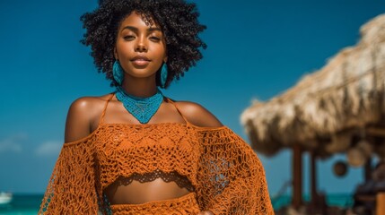 Confident Woman in Orange Outfit at Tropical Beach