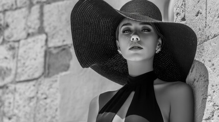 Monochrome Portrait of a Woman in a Wide Brim Hat