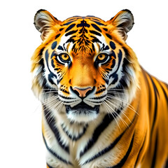 Fototapeta premium tiger head portrait on a white background featuring its striking blue eyes and black stripes, a majestic wild feline predator