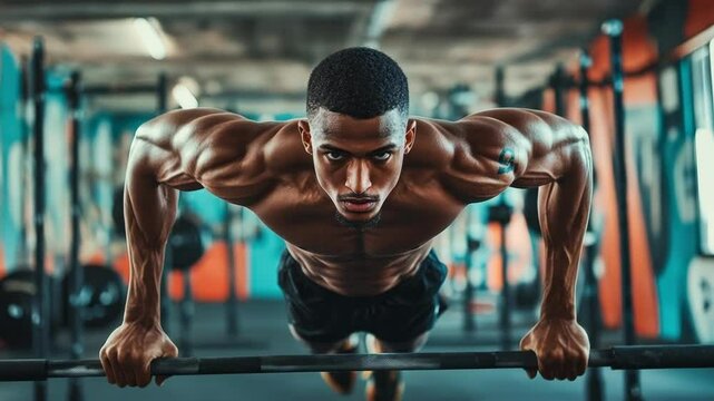 Muscular African American Man Performing Push-Ups on Parallel Bars in a Gym, Intense Workout, Strength Training, Fitness, Bodybuilding, Healthy Lifestyle