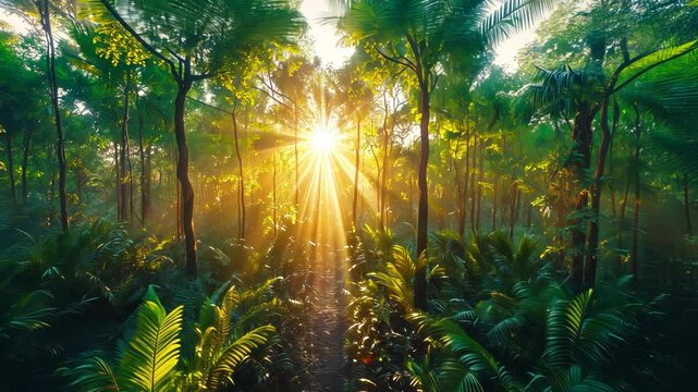 Sunbeams pierce a lush, misty jungle path at dawn