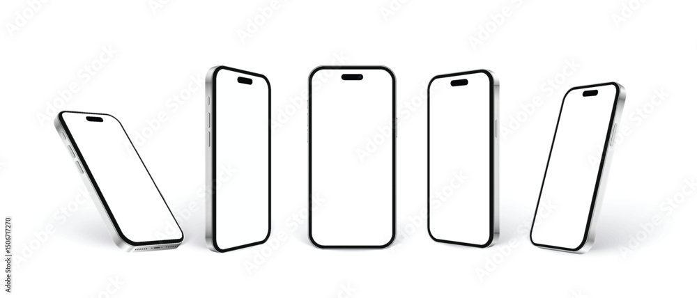 Poster realistic phone mockup isolated on white. 3d smartphone set in different angles, front and side view