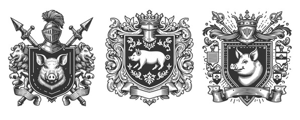 medieval heraldic crests featuring pigs Set collection bundle sketch engraving generative ai vector illustration. Scratch board imitation. Black and white image.