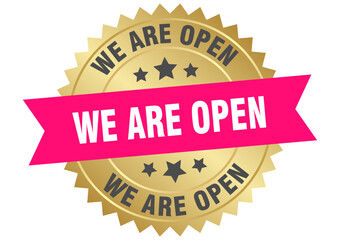 we are open. we are open round pink and gold label isolated on transparent background