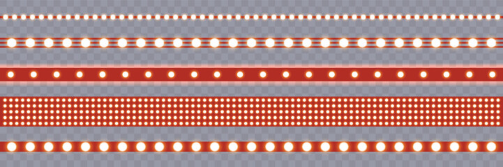 Marquee strip set, red led light ribbons on transparent background. Realistic neon light bulb, vector illustration. vintage marquee borders collection. © viktoria_ngm