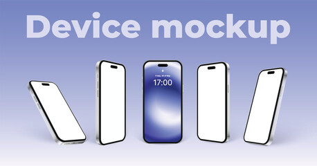 3d smartphone mockup, realistic mobile phone silver white with blank screen and ui. White phone set in different angles, front and side view, vector illustration.