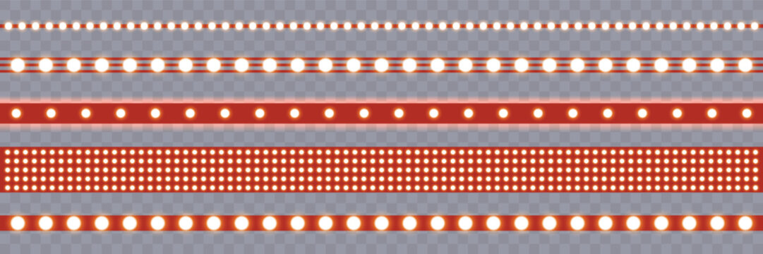 Marquee strip set, red led light ribbons on transparent background. Realistic neon light bulb, vector illustration. vintage marquee borders collection.