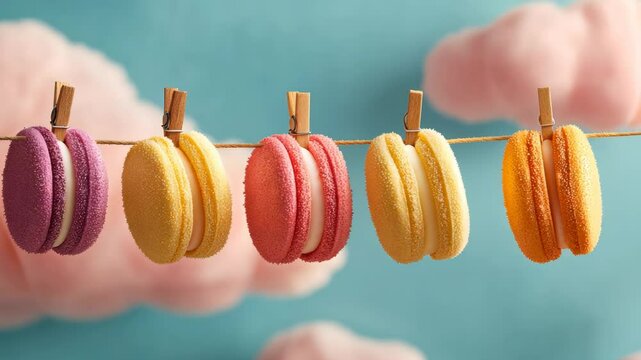 Row of macarons hanging on a clothesline. The macarons are of different colors and flavors, including purple, yellow, and orange. Concept of freshness and variety, as well as a playful