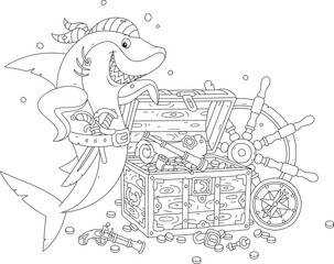 Funny great white shark pirate with a bandana of a sea robber, a sharp saber and a pistol guarding an old wooden treasure chest full of gold coins and jewels from a sunken sailing ship, vector cartoon