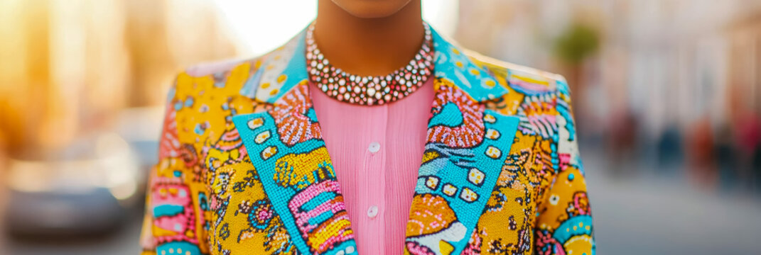 Fashion concept: Stylish woman wearing a colorful beaded jacket and matching necklace, embodying modern elegance