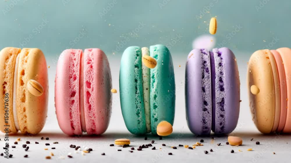 Poster row of colorful macarons with a sprinkle of black on the bottom. the macarons are arranged in a row,