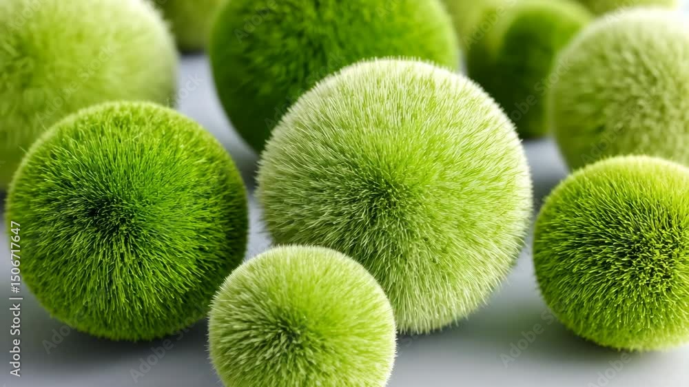 Poster bunch of green balls with a fuzzy texture. the balls are arranged in a way that they look like they 