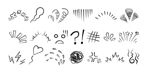 Anime manga comic emoticon element graphic effects hand drawn doodle vector illustration set isolated on white background. Cartoon style manga doodle line expression scribble anime mark collection.