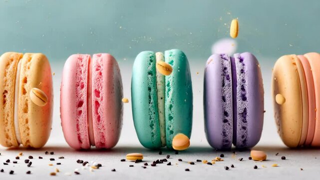 Row of colorful macarons with a sprinkle of black on the bottom. The macarons are arranged in a row, with the pink one on the left, the purple one in the middle, the green one on the right