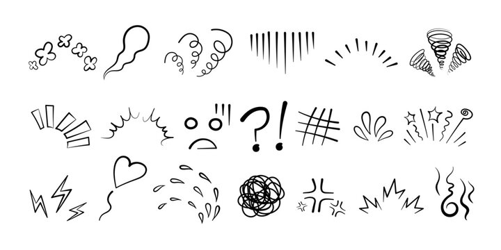Anime manga comic emoticon element graphic effects hand drawn doodle vector illustration set isolated on white background. Cartoon style manga doodle line expression scribble anime mark collection.