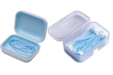 Light Blue Plastic Cases Containing Thin Patterned Strings On Transparent Background