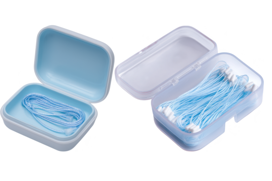 Light Blue Plastic Cases Containing Thin Patterned Strings On Transparent Background