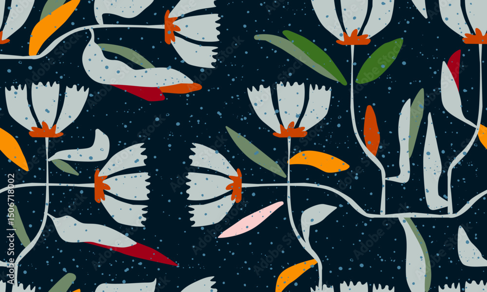 Poster floral seamless pattern with abstract flowers. colorful scandinavian botanical repeat background. ab