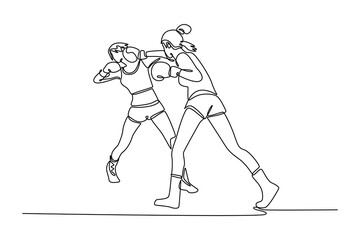 Single continuous line drawing female athlete striking at her opponent with the jab punch during boxing fight. Two boxers having match in boxing ring. One line draw graphic design vector illustration
