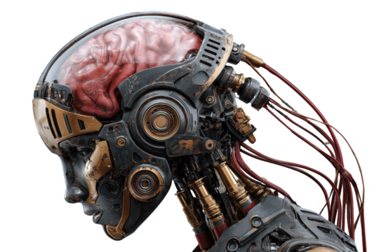 Metallic Robot Head with Exposed Brain, Red and Gold Accents, with a transparent background