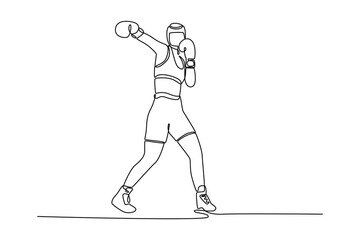 Continuous one line drawing woman boxer wearing protective head guard practicing jab punch before match, hard training with intensity at indoor gym. Single line draw design vector graphic illustration