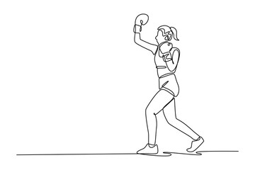 Continuous one line drawing aggressive female boxer training and practicing uppercut. Girl fighter exercising in indoor  gym. Health, sport, motion. Single line draw design vector graphic illustration