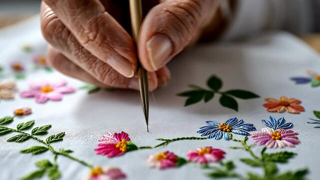 Hand is embroidering a flower pattern on a piece of fabric. The flowers are pink and blue, and the hand is using a needle to stitch them in place. Concept of patience and attention to detail