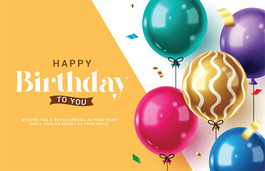 Happy birthday greeting clipart banner design. Happy birthday greeting and wishes with colorful inflatable balloons in yellow and white empty space background clip art vector illustration.
