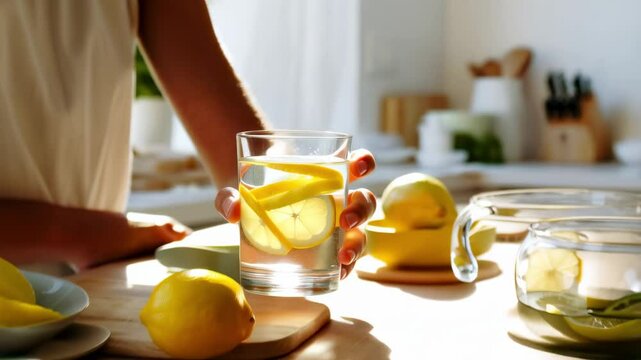 Woman holds refreshing lemon water in a sunlit kitchen, embracing a healthy, vibrant morning wellness routine.