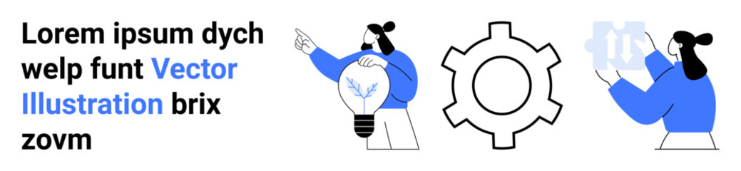 Person holding lightbulb symbolizing ideas, gear representing productivity, analysis of data insights. Ideal for creativity, teamwork, innovation, strategy, design thinking, project management