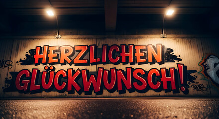 HERZLICHEN GLÜCKWUNSCH: Congratulatory Graffiti Art on Concrete Wall at Night