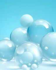 A collection of large and small glassy spheres on a vibrant cyan background, displaying smooth surfaces, depth, and modern minimal elegance in design