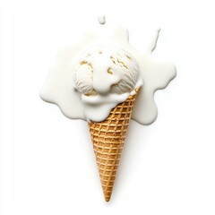 Naklejka premium Melted vanilla ice cream scoop in a waffle cone, spilling onto a white background. Creamy texture, partially melted, top-down view