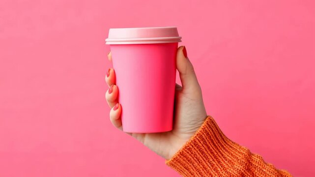 Person is holding a pink cup with a pink lid. The cup is empty. The pink color of the cup and the pink color of the person's hand create a sense of warmth and friendliness