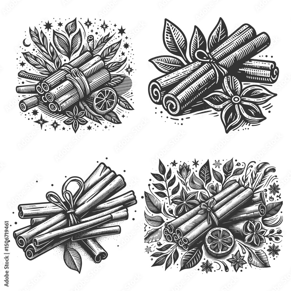 Poster cinnamon sticks surrounded by leaves, citrus slices, and spices set collection bundle sketch engravi