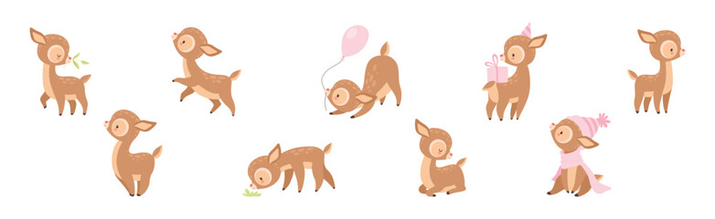 Cute Little Baby Deer Forest Animal in Different Pose Vector Set