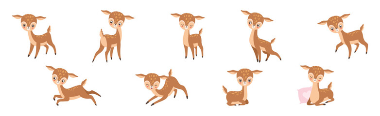 Cute Little Baby Deer Forest Animal in Different Pose Vector Set