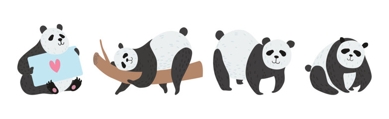 Funny Panda Character as Furry Zoo Creature Vector Set