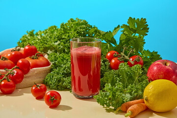 Fresh fruits and vegetables like kale, tomato, and orange laid out on a clean blue tabletop, creating a bold contrast and healthy lifestyle message. A glass of delicious red juice is displayed