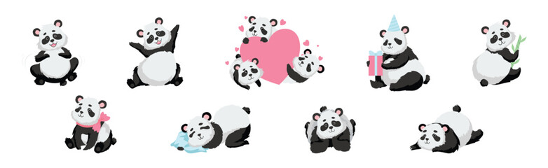 Funny Panda Character as Furry Zoo Creature Vector Set