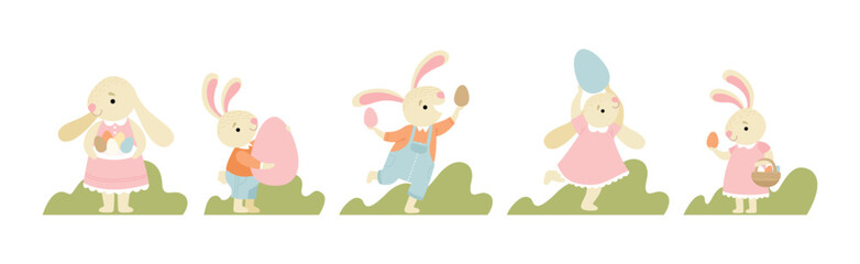 Funny Bunny Character with Egg in Garden Vector Set