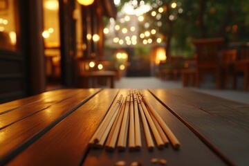 Wooden chopsticks rest on a polished outdoor table at dusk, with a softly lit, blurred background suggesting a restaurant patio