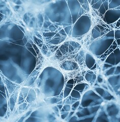 Naklejka premium Intricate, icy-blue spiderweb, close-up, complex network of thin strands against a blurred dark background