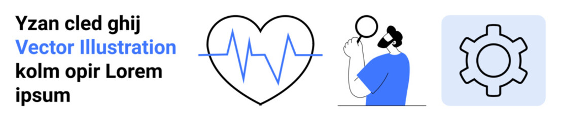 Heartbeat inside a heart, doctor using a stethoscope, mechanical gear icon for settings. Ideal for healthcare, diagnostics, cardiology, technology, medical tools, solutions simple landing page