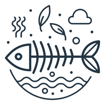 Minimalist Fish Skeleton Illustration Representing Ocean Pollution and Marine Life Endangerment Message